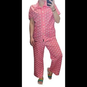 Vintage 60s 70s Pink Star Print 2 Piece Outfit Pajamas